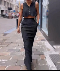 Two Piece Set Striped Printed Vest A-Line Skirt