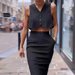 Two Piece Set Striped Printed Vest A-Line Skirt