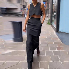 Two Piece Set Striped Printed Vest A-Line Skirt