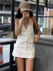 Two Piece Sets Sleeveless Halter Top A-Line Skirt