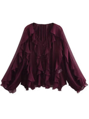 V-Neck Sheer Layered Elegant Ruffle Blouse