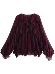 V-Neck Sheer Layered Elegant Ruffle Blouse