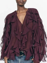 V-Neck Sheer Layered Elegant Ruffle Blouse