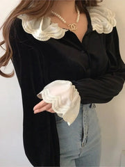 Velvet Lace Patchwork Ruffle Blouses