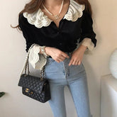 Velvet Lace Patchwork Ruffle Blouses