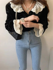 Velvet Lace Patchwork Ruffle Blouses