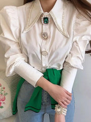 Vintage Button Pointed Collar Puff Sleeve Pearl Blouses