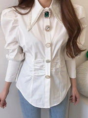 Vintage Button Pointed Collar Puff Sleeve Pearl Blouses