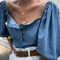 Vintage Denim Off-Shoulder Button Shirt