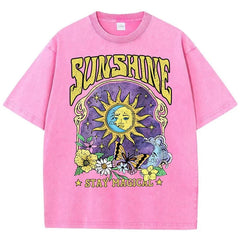 Vintage Sun Moon Flower Butterfly Washed T-Shirts
