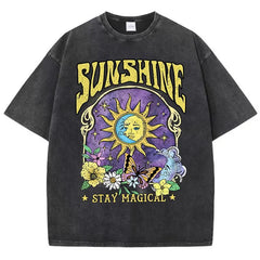 Vintage Sun Moon Flower Butterfly Washed T-Shirts