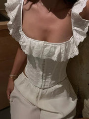 White Lace Ruffle Crop Top