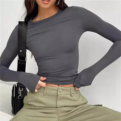 Women Long Sleeve Solid Slim Fit Casual Shirts Pullovers Basic T-Shirt