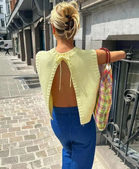 Yellow Sleeveless Backless Knit Sweaters