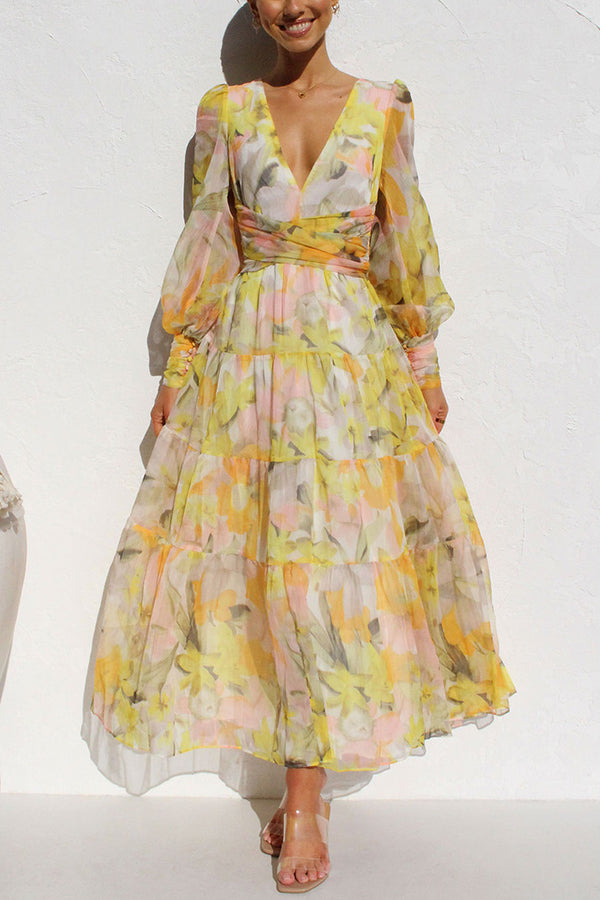 Abstract Floral Balloon Sleeves Maxi Dress
