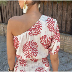 Unique Printed One-shoulder Pleated Slim Fit Resort Mini Dress