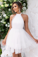 Mesh hem backless off-shoulder dress