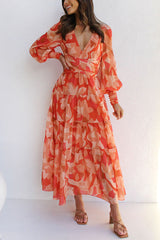 Abstract Floral Balloon Sleeves Maxi Dress