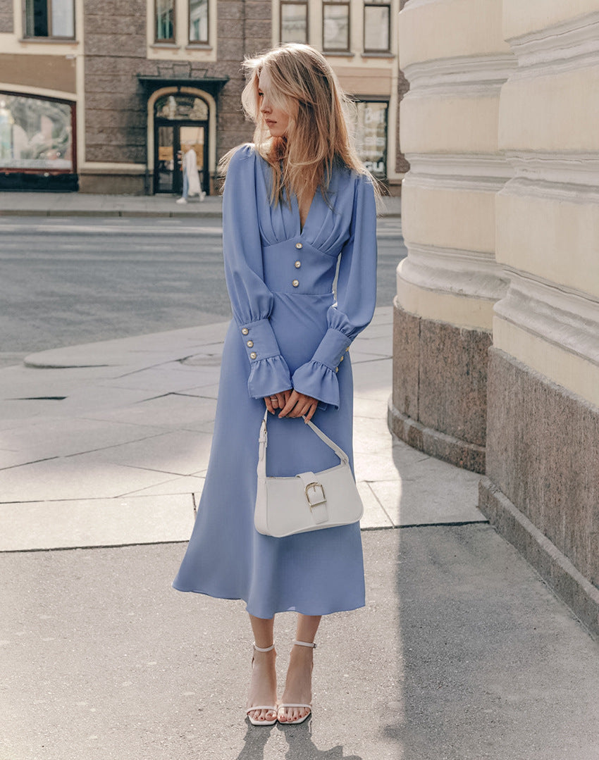 Solid V-Neck Lantern Sleeve Midi Dress