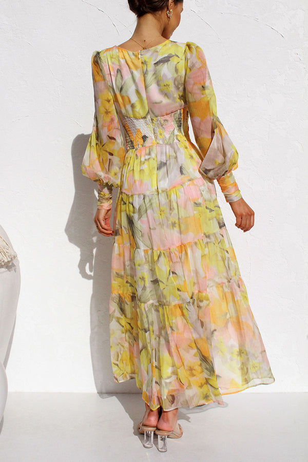 Abstract Floral Balloon Sleeves Maxi Dress