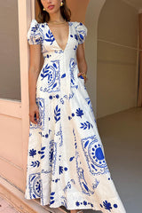 Unique Printed Bubble Sleeve Pocket Long Dress