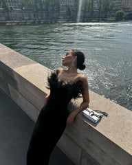 Women's Feather Elegant Strapless Long Party Dresses