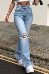 Street Solid Ripped Make Old Boot Cut Bottoms(3 Colors)