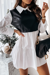 Elegant Patchwork Flounce Contrast Turndown Collar A Line Dresses(3 Colors)