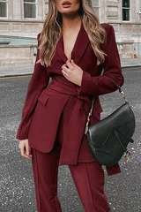 Fashion Elegant Solid Patchwork With Belt Turndown Collar Long Sleeve Two Pieces(3 Colors)