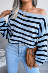 Casual Striped Patchwork Contrast Off the Shoulder Sweaters(3 Colors)