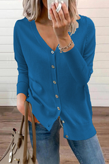 Casual Solid Patchwork Buckle V Neck Sweater(12 Colors)