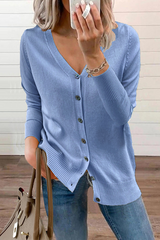Casual Solid Patchwork Buckle V Neck Sweater(12 Colors)