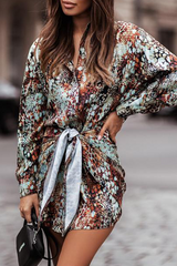 Fashion Elegant Print Buckle Strap Design Turndown Collar Waist Skirt Dresses(4 Colors)