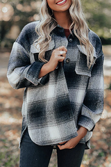Casual Plaid Pocket Buckle Turndown Collar Outerwear