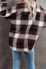 Casual Plaid Pocket Buckle Turndown Collar Outerwear