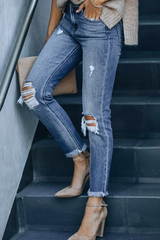 Casual Solid Ripped Mid Waist Skinny Denim Jeans