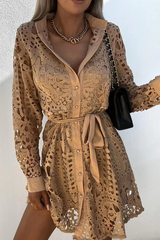 Casual Solid Lace Turndown Collar Waist Skirt Dresses(3 colors)