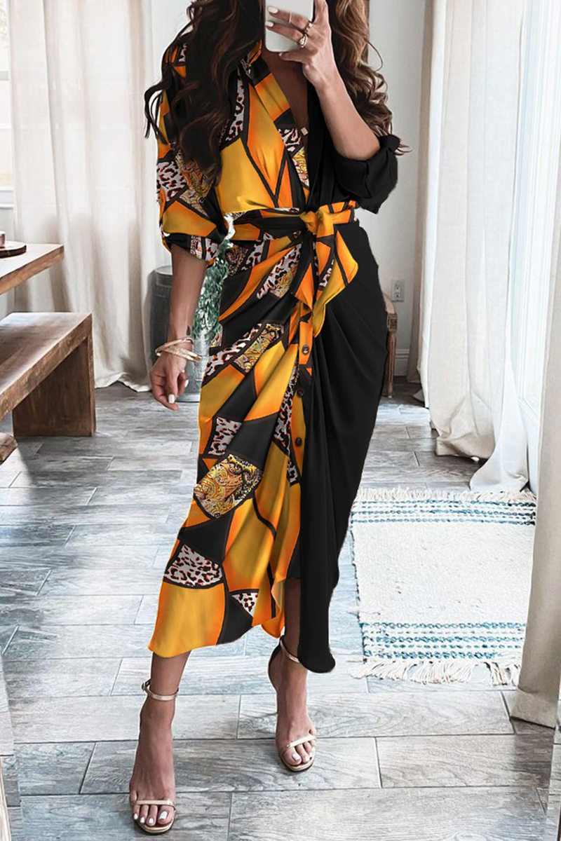 Casual Print Patchwork V Neck Waist Skirt Dresses(12 Colors)