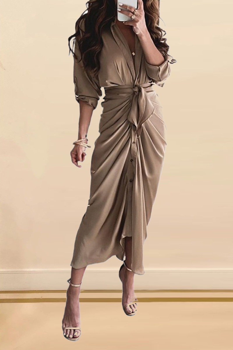 Casual Print Patchwork V Neck Waist Skirt Dresses(12 Colors)