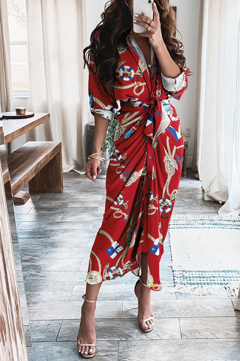Casual Print Patchwork V Neck Waist Skirt Dresses(12 Colors)