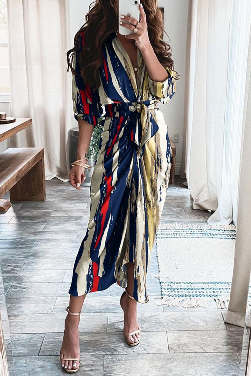 Casual Print Patchwork V Neck Waist Skirt Dresses(12 Colors)