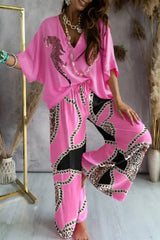 Casual Print Patchwork V Neck Half Sleeve Two Pieces(9 Colors)
