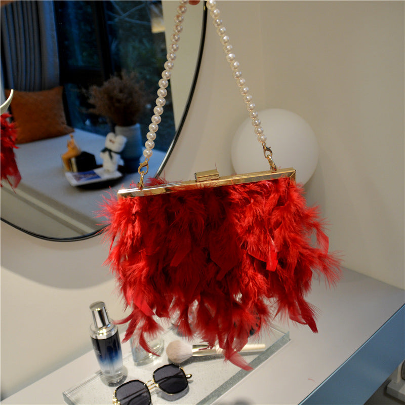 Daily Party Patchwork Feathers Chains Pearl Bags(3 Colors)