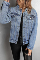 Street Solid Patchwork Pocket Buckle Beading O Neck Outerwear