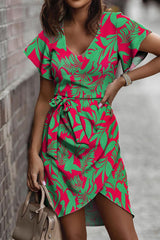 Casual Sweet Print Patchwork Frenulum V Neck Irregular Dress Dresses(5 Colors)