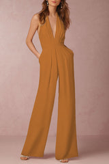 Sexy Elegant Solid Backless Fold V Neck Regular Jumpsuits(12 Colors)