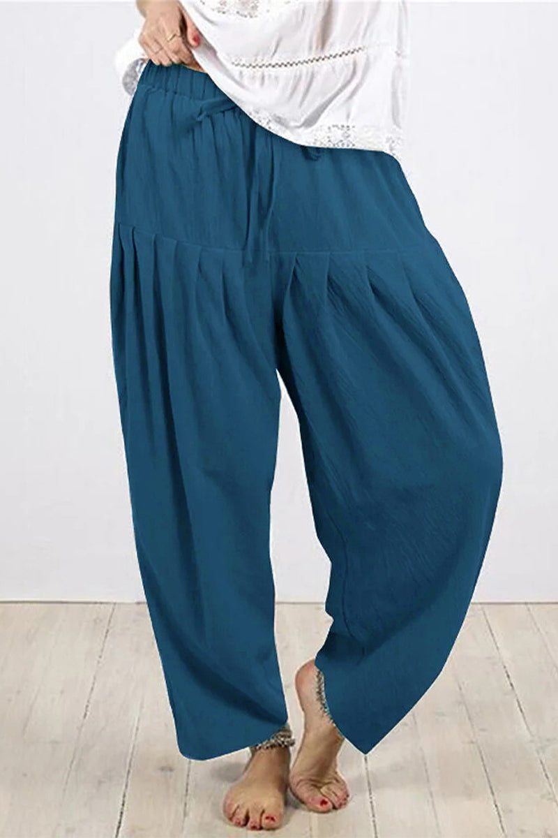 Casual Solid Frenulum Fold Loose High Waist Harlan Solid Color Bottoms(10 Colors)