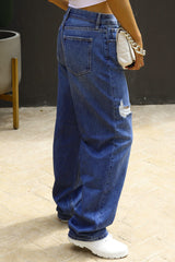 Casual Vintage Solid Ripped Mid Waist Loose Denim Jeans