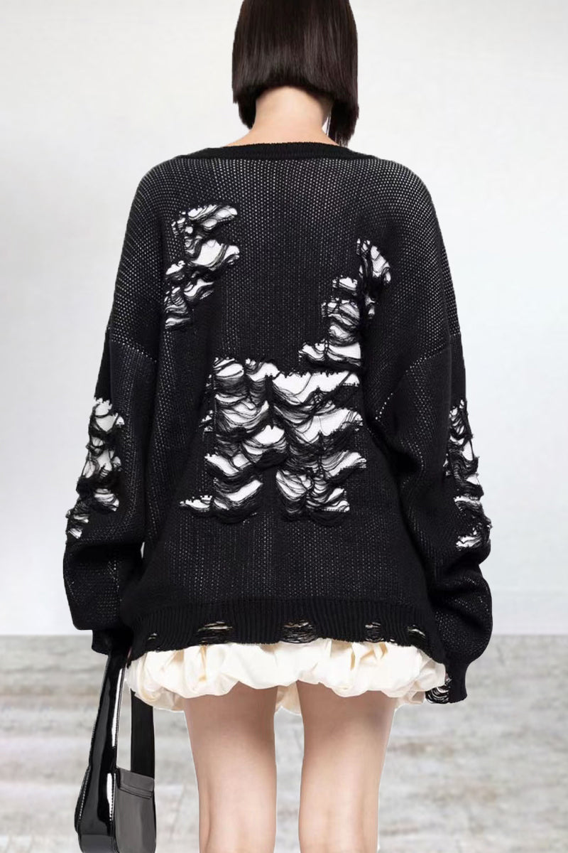 Casual Color Block Ripped Contrast O Neck Sweaters(3 Colors)