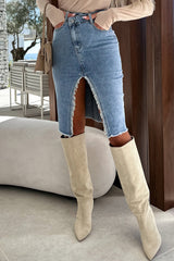 Street Solid Make Old Slit Asymmetrical Regular Denim Skirts